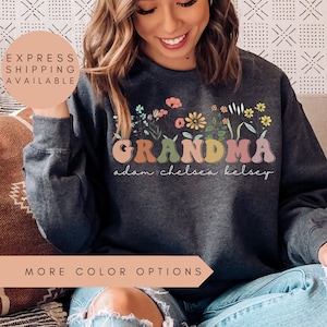 Sudadera para abuela con nombres, Sudadera personalizada para abuela con flores silvestres, Sudadera con nombres de nietos, Sudadera de cuello redondo para abuela, Regalo para el Día de la Madre para la abuela
