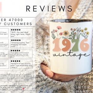 The image is a collage of customer reviews for a mug, featuring a hand holding the mug and a close-up of the mug with a floral design.