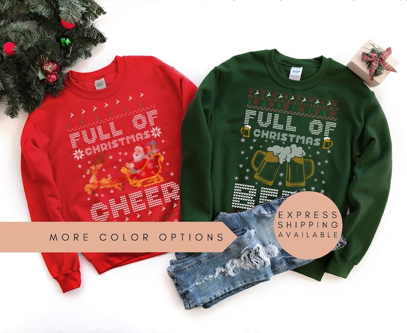 May include: Two Christmas sweaters, one red and one green, with the text "Full of Christmas Cheer" and "Full of Christmas Beer" respectively. Both sweaters feature a pixelated design.