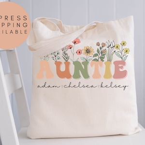 Auntie Tote Bag With Names, Personalized Aunt Wildflowers Tote Bag, Aunt Tote Bag With Names, Custom Auntie Tote Bag, Aunt Announcement Gift