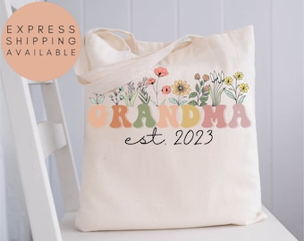 Grandma Tote Bag, Personalized Grandma Wildflowers Tote Bag, Grandma Est 2023, Pregnancy Announcement, Custom Nana Tote Bag, Grandma Gift