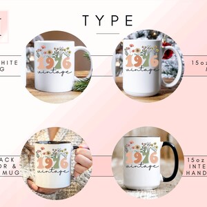 The image is a collage of four images showing different types of mugs, including a white mug, a black mug, a white mug with a floral design, and a black mug with a floral design.