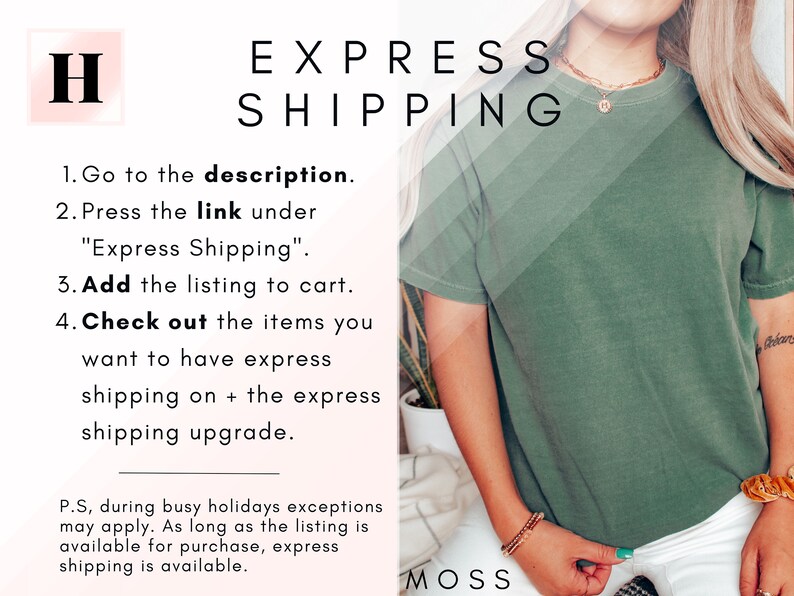 K&ouml;nnte beinhalten: Text auf wei&szlig;em Hintergrund mit einem rosa H oben links. Der Text lautet "EXPRESS SHIPPING" in Schwarz. Unter dem Text befinden sich Anweisungen, wie man Expressversand erh&auml;lt. Der Text lautet: "1. Gehen Sie zur Beschreibung. 2. Klicken Sie auf den Link unter "Expressversand". 3. Legen Sie den Artikel in den Warenkorb. 4. Bestellen Sie die Artikel, f&uuml;r die Sie Expressversand w&uuml;nschen + das Expressversand-Upgrade. P.S, w&auml;hrend der Ferienzeit k&ouml;nnen Ausnahmen gelten. Solange der Artikel zum Kauf verf&uuml;gbar ist, ist Expressversand verf&uuml;gbar."