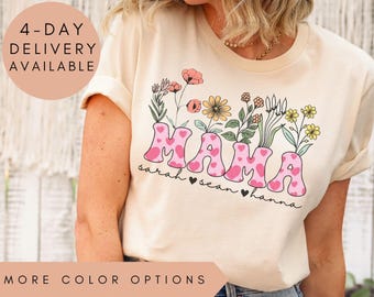 Flower Mama Wildflowers Shirt, Personalized Mama Tee, Custom Heart Flower T-Shirt, Wildflower Hearts Gift Flower, Mother's Day Shirt