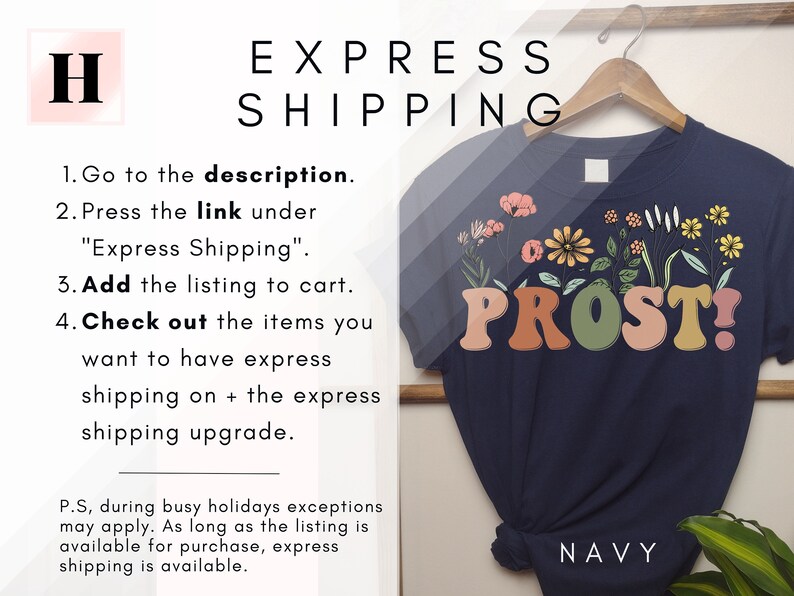 K&ouml;nnte beinhalten: Marineblaues T-Shirt mit floralem Design und dem Text "PROST!" in bunten Blockbuchstaben. Der Text "NAVY" ist in Wei&szlig; am unteren Rand des Shirts gedruckt.