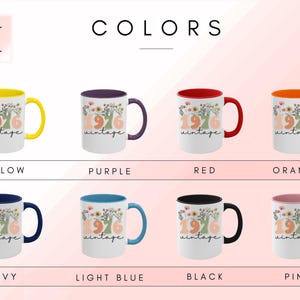 a collection of eight different colored mugs, each with a unique design and color. The mugs are arranged in a grid format, with four rows and two columns. The mugs are labeled with their respective colors, including yellow, purple, red, and orange. The mugs are arranged in a visually appealing manner, showcasing the variety of colors available for purchase.