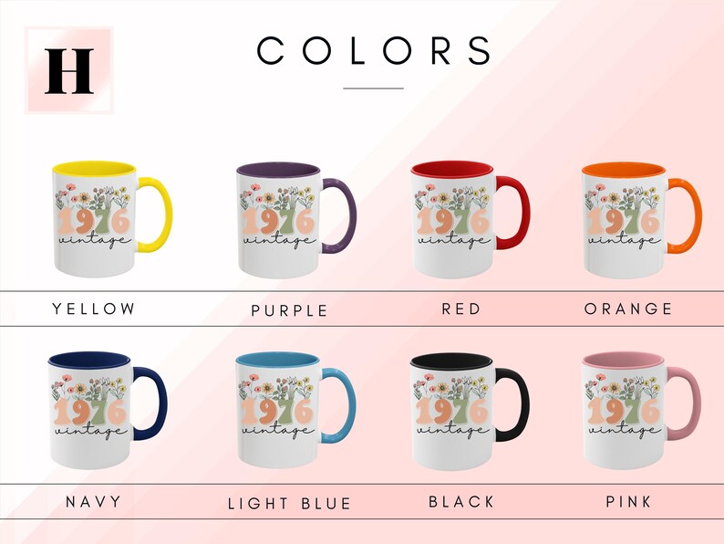 a collection of eight different colored mugs, each with a unique design and color. The mugs are arranged in a grid format, with four rows and two columns. The mugs are labeled with their respective colors, including yellow, purple, red, and orange. The mugs are arranged in a visually appealing manner, showcasing the variety of colors available for purchase.