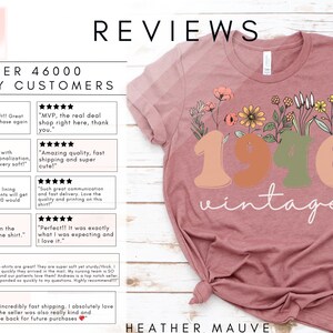 The image is a collection of positive reviews for a pink t-shirt with a floral design, featuring text that describes the shirt as "Great quality, really soft and stretchy, I love it" and "Perfectly it was exactly what I love". The reviews praise the shirt for its design, quality, and comfort.