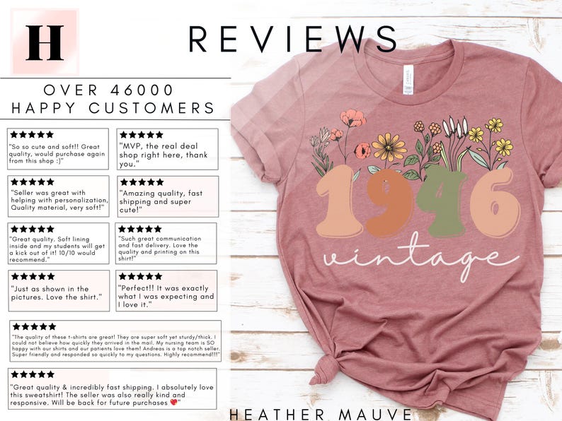 The image is a collection of positive reviews for a pink t-shirt with a floral design, featuring text that describes the shirt as "Great quality, really soft and stretchy, I love it" and "Perfectly it was exactly what I love". The reviews praise the shirt for its design, quality, and comfort.