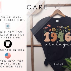 The image is a black t-shirt with floral designs and the text "Care" printed on it. The t-shirt is hanging on a wooden hanger, and there are some text descriptions and logos related to the t-shirt's care instructions.