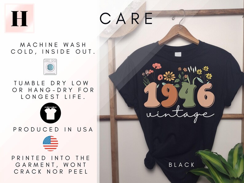 The image is a black t-shirt with floral designs and the text "Care" printed on it. The t-shirt is hanging on a wooden hanger, and there are some text descriptions and logos related to the t-shirt's care instructions.