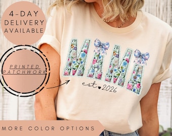 Floral Custom Mama Shirt, Personalized Mama Tee, Mama T-Shirt, Mom Gift 2026, Mother's Day Gift, Patchwork Shirt, Mom Shirt With Bow