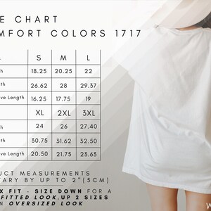 K&ouml;nnte beinhalten: Gr&ouml;&szlig;entabelle f&uuml;r ein T-Shirt in Comfort Colors 1717. Die Tabelle zeigt die Ma&szlig;e in Zoll f&uuml;r die Gr&ouml;&szlig;en S, M, L, XL, 2XL und 3XL. Die Tabelle enth&auml;lt die Ma&szlig;e f&uuml;r Breite, L&auml;nge und &Auml;rmell&auml;nge. Der Text unter der Tabelle lautet "Unisex Fit - Size Down for a More Fitted Look, Up 2 Sizes for an Oversized Look."