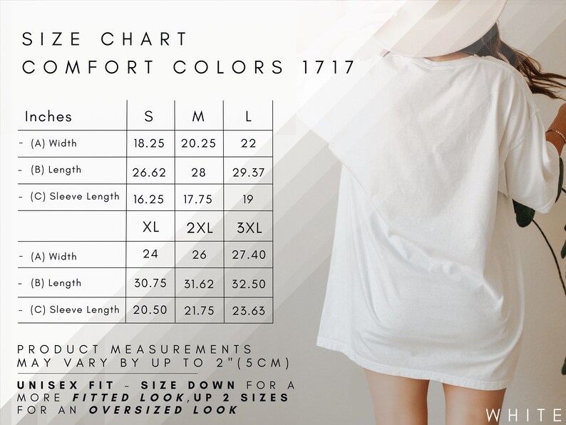 K&ouml;nnte beinhalten: Gr&ouml;&szlig;entabelle f&uuml;r ein T-Shirt in Comfort Colors 1717. Die Tabelle zeigt die Ma&szlig;e in Zoll f&uuml;r die Gr&ouml;&szlig;en S, M, L, XL, 2XL und 3XL. Die Tabelle enth&auml;lt die Ma&szlig;e f&uuml;r Breite, L&auml;nge und &Auml;rmell&auml;nge. Der Text unter der Tabelle lautet "Unisex Fit - Size Down for a More Fitted Look, Up 2 Sizes for an Oversized Look."