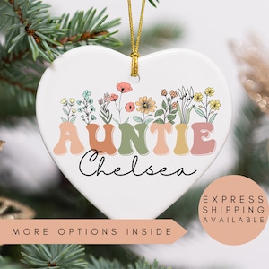 Personalized Wildflowers Auntie Ornament for Aunt Christmas Ornament With Name, Custom Gift for Aunt Pregnancy Announcement to Aunt Gift