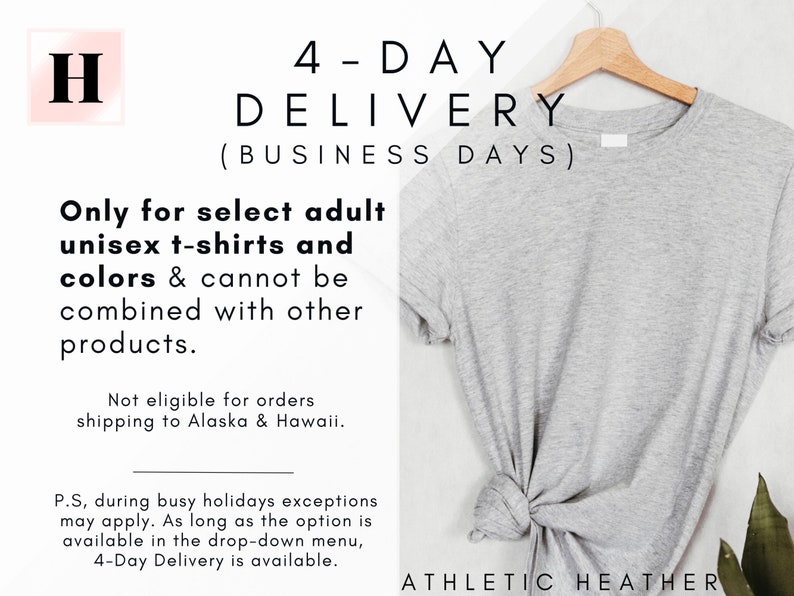 K&ouml;nnte beinhalten: Ein graues T-Shirt auf einem Kleiderb&uuml;gel mit dem Text "4-DAY DELIVERY (BUSINESS DAYS)" und "Only for select adult unisex t-shirts and colors & cannot be combined with other products." Der Text "ATHLETIC HEATHER" befindet sich am unteren Rand des Bildes.