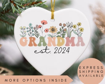 Grandma Ornament, Personalized Grandma Wildflowers Ornament, Grandma Est 2024, Pregnancy Announcement, Custom Grandma Ornament,Grandma Gifts