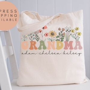 Grandma Tote Bag With Grandkids Names, Personalized Grandma Wildflowers Tote Bag, Grandkids Names Tote,Custom Grandma Tote Bag,Grandma Gifts