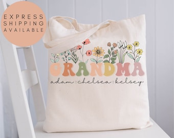 Grandma Tote Bag With Grandkids Names, Personalized Grandma Wildflowers Tote Bag, Grandkids Names Tote,Custom Grandma Tote Bag,Grandma Gifts