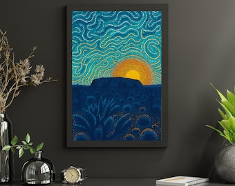 Blue Gold Aboriginal Uluru Fine Art Print 16x24 Print | Indigenous Dot Art Inspired Landscape | Australian Outback Wall Art | Boho Sunrise