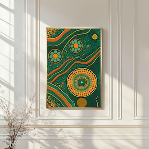 Aboriginal Art Print Dot Painting with Concentric Rings Flowing Lines Tribal Pattern Geometric Abstract Modern Boho Printable Earthy Décor