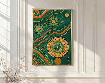 Aboriginal Art Print Dot Painting with Concentric Rings Flowing Lines Tribal Pattern Geometric Abstract Modern Boho Printable Earthy Décor