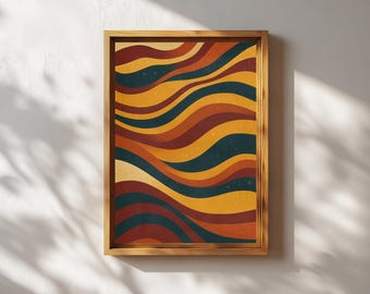 Aboriginal Style Inspired Wall Art Dot Painting with Earthy Wave Abstract Flowing Lines  Modern Tribal Boho Printable Décor Digital Download