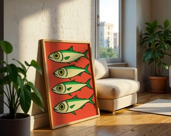 Retro Kitchen Wall Art Print, Sardine Pop Art Print, Fish Wall Art Print, Funny Kitchen Art, Mid-Century Modern Kitchen Décor