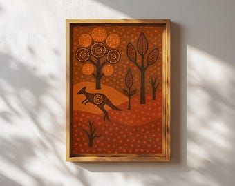 Kangaroo Wall Art Printable Australian Outback Dot Pattern Landscape Rustic Boho Home Décor with Warm Earth Tone Flowing Lines and Symbols