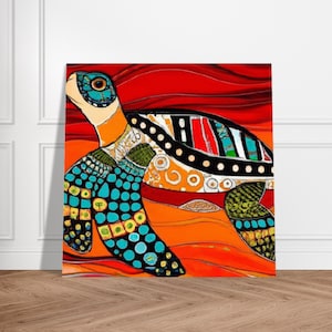 May include: A colorful abstract painting of a sea turtle swimming in a red, orange, and yellow ocean. The turtle is made up of geometric shapes and patterns in shades of blue, green, black, and white.