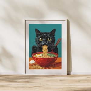 Black Cat Eating Ramen Noodles Print | Japandi Wall Art | Retro Japanese Poster | Japan Lover Gift | Printable Kitchen Décor Download