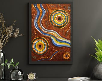 Aboriginal Dot Art Circle Print | Indigenous Inspired River And Sun | Australian Outback Wall Art | Earth Tone Boho Decor Printable 2 Sizes