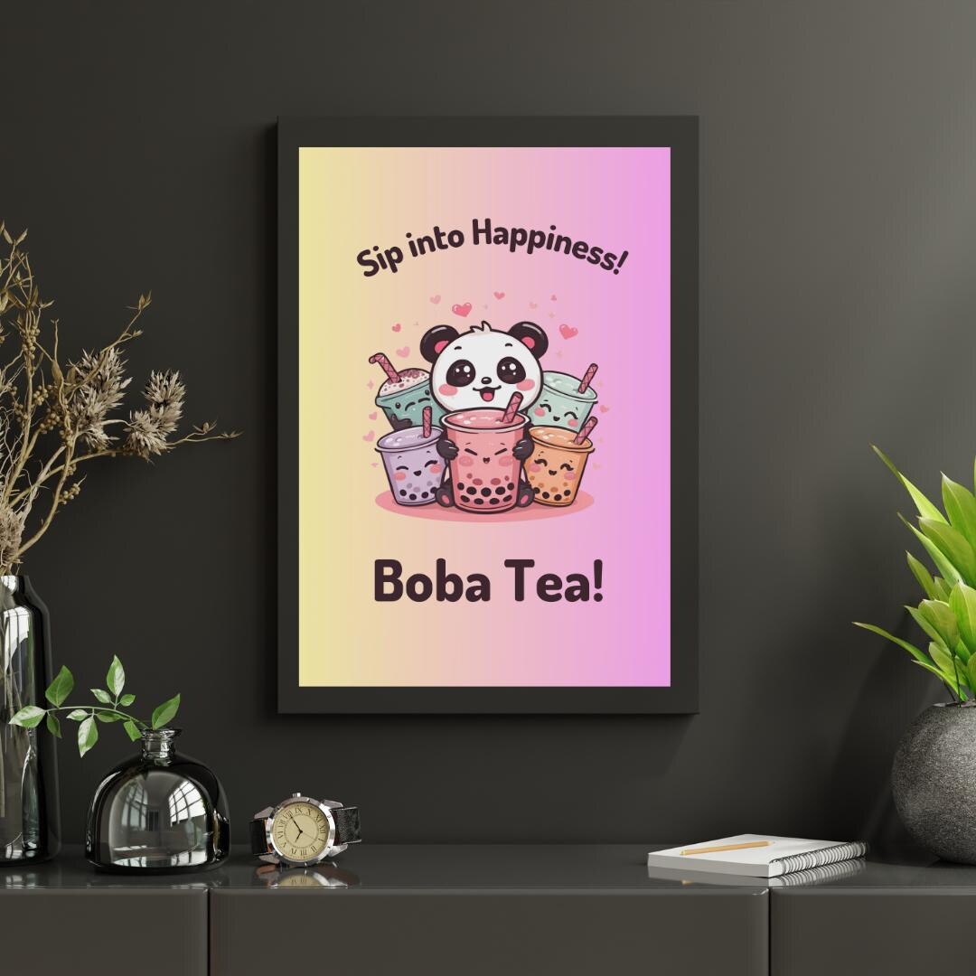 Panda Boba Bliss – Cute Panda Drinking Boba Tea Wall Art Kawaii ...