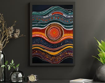 Australian Wall Art Aboriginal-Style Dot Painting Printable  Sun Mandala Boho Digital Wavy Line Dreamtime Tribal Home Décor ( 2 Sizes)