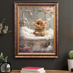 Cottagecore Print Süße Maus in Vintage Badewanne Print, skurriles Tier Wandbild, Shabby Chic Cottagecore Kunstwerk Home Dekor Printable