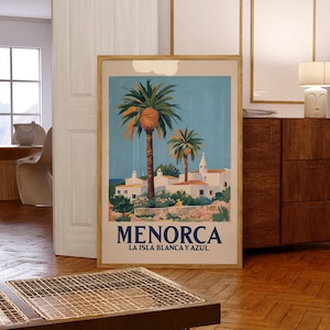 Póster de viaje de Menorca La Isla Blanca y Azul / Impresión artística de estilo vintage / Arte mural de viajes españoles de mediados de siglo / Decoración del hogar de playa mediterránea