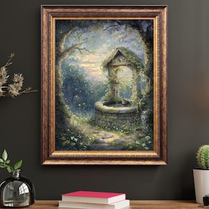 Cottagecore Home Décor Vintage Enchanted Stone Well Print Whimsical Forest Fairycore Woodland Cozy Wall Art Rustic Farmhouse Country Charm