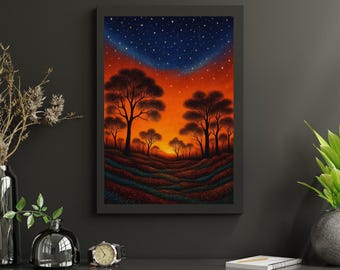 Australian Outback Aboriginal Wal Art | 16x24 Print | Australia Landscape Artwork | Eucalyptus Tree Sunset Unique Starry Nightscape