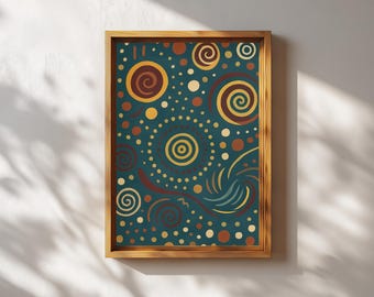 Aboriginal Art Print Dot Painting with Concentric Rings Flowing Lines Earthy Spiral Wall Art Abstract Modern Boho Printable Earthy Décor