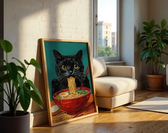 Black Cat Ramen Print, Retro Japandi Japanese Wall Art (Digital Download)