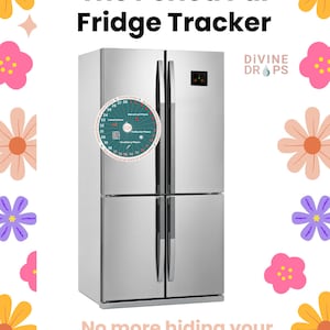 May include: A silver fridge with a circular period tracker magnet attached. The tracker shows menstrual cycle phases. The image includes the text "The Period Pal Fridge Tracker" and "Divine Drops."