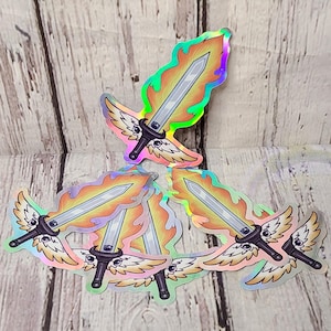 May include: Five iridescent holographic stickers of a sword with wings and flames. The sword has a black handle and a silver blade. The wings are white and the flames are orange and yellow.