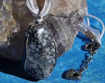 Snowflake Obsidian Pendant Necklace Handmade OOAK Wire Wrapped Gemstone Necklace for Healing Chakra Balance Witchy Rituals and Spiritual Zen