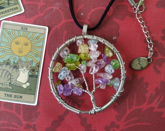 MULTICOLORED CRACKLE QUARTZ Tree of Life Pendant Necklace Energy Radiance Unity Spiritual Growth Vibrancy Awakening Connection Essence