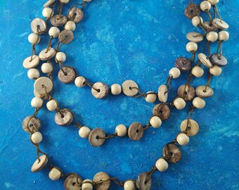 COCONUT BUTTON NECKLACE Earthy Vibes, Reiki Infused ,Triple Strand Wood Bead Jewelry, Boho Natural Spiritual Journey Grounding Unique Gift