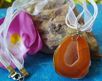 Wire Wrapped Carnelian AGATE PENDANT NECKLACE with Drusy Druzy Reiki Blessed Crystal for Emotional Healing Spiritual Growth Abundance