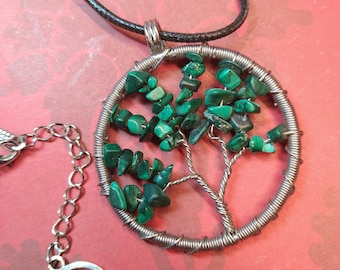 Malachite Pendant Necklace TREE OF LIFE for Emotional Balance Heart Chakra Healing Abundance Prosperity Spiritual Growth Love Gifts for Her