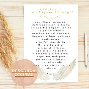 May include: A printable prayer to Saint Michael the Archangel, written in Spanish. The text includes the words "Oracion a San Miguel Arcangel" and "Amen". The image also includes a decorative image of angel wings.