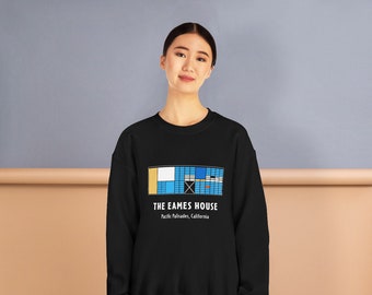 Eames House MOD-icon Print Sweatshirt | Womens Premium Pullover | Cotton Crewneck | Minimalist House Drawing | Mid Mod Architecture | MCM