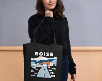 Boise Idaho Organic Cotton Tote Bag: Mid-Century Modern Travel Print